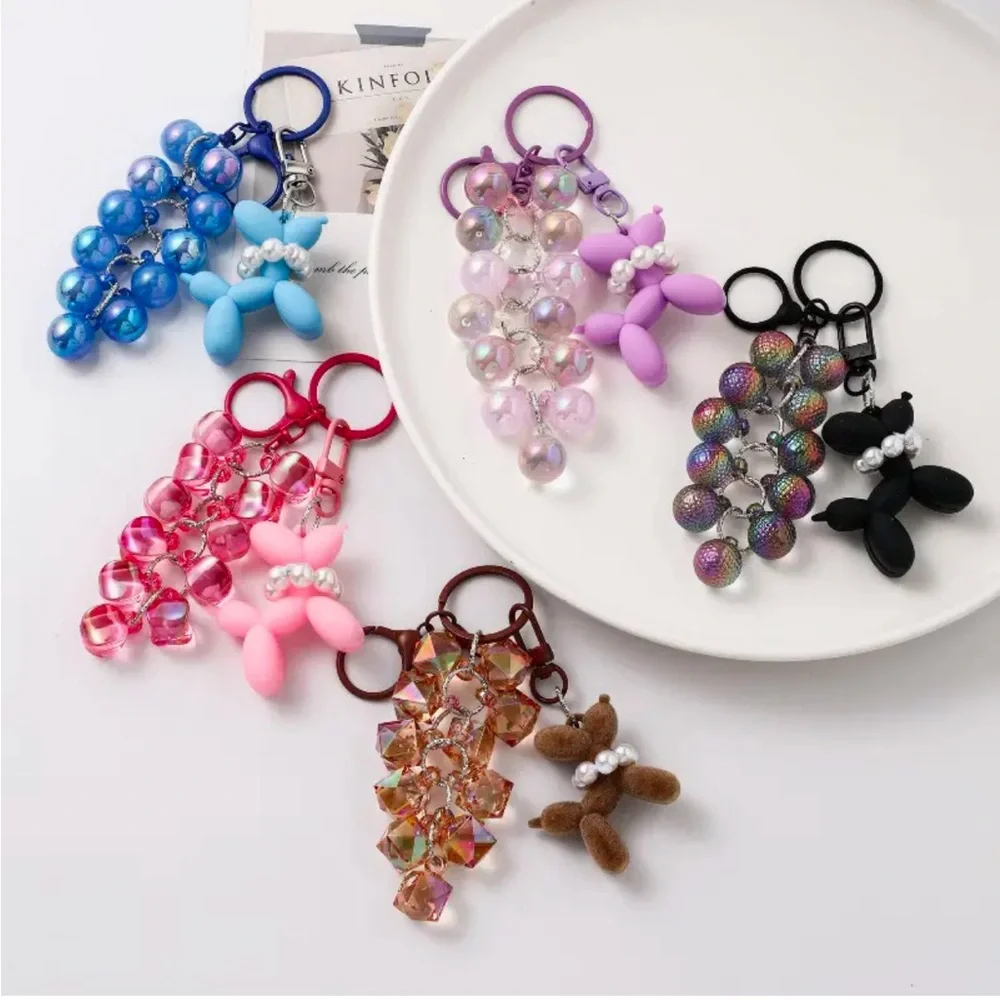 NWT 🐶 Balloon Dog & Shiny Acrylic Bubble/Grape Beads Keychain/Phone/Bag Charm